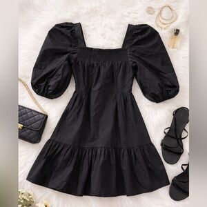 H&M Black Cottagecore Puff Sleeve Mini Dress | Tiered Smocked Fit , XS - M